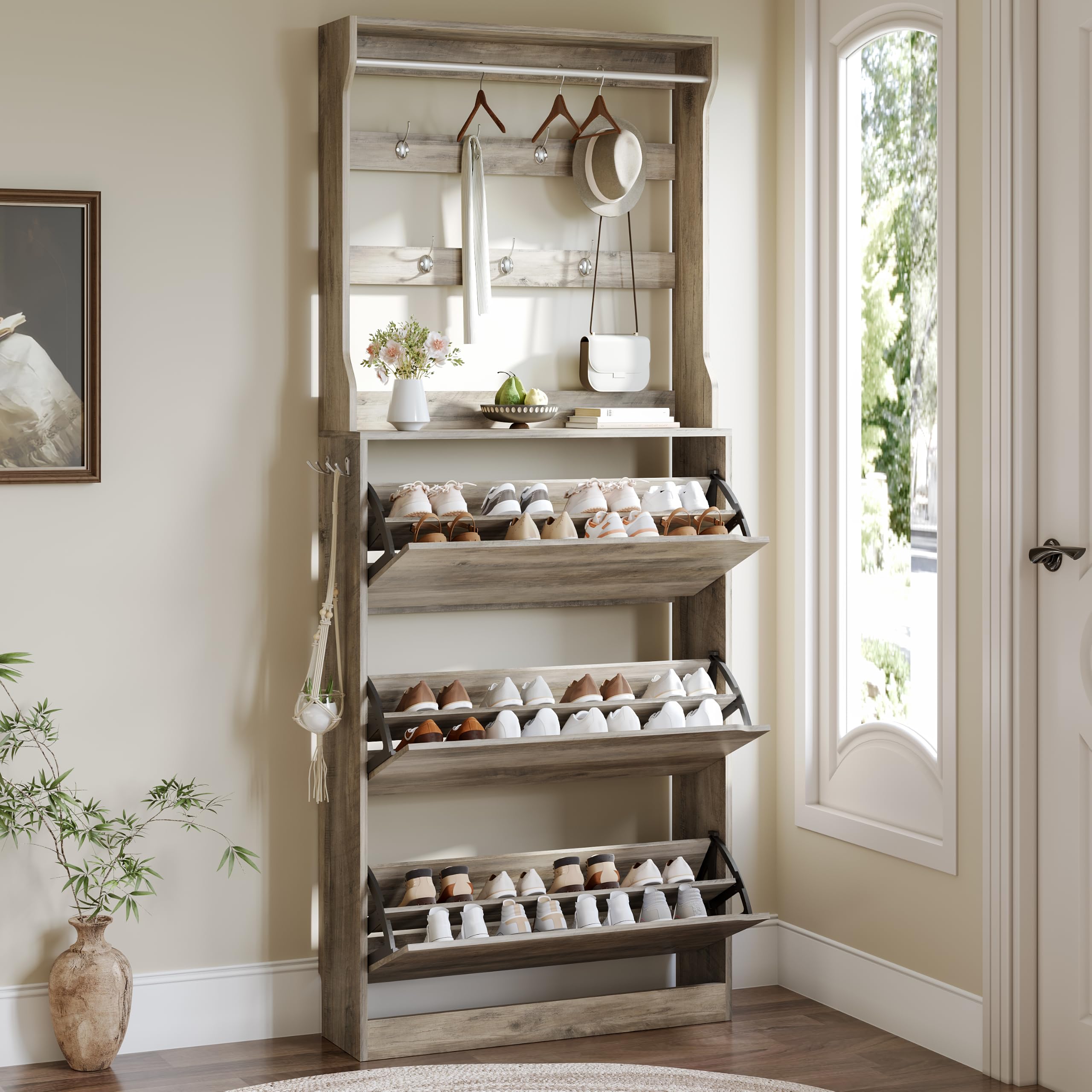 Shoe Cabinet for Entryway with 3 Flip Drawers, Grey Tall Wood Shoe Storage Cabinet with Coat Rack, Narrow Hidden Slim Freestanding Shoe Rack Organizer, 2 in 1 Hall Tree for Living Room, Hallway
