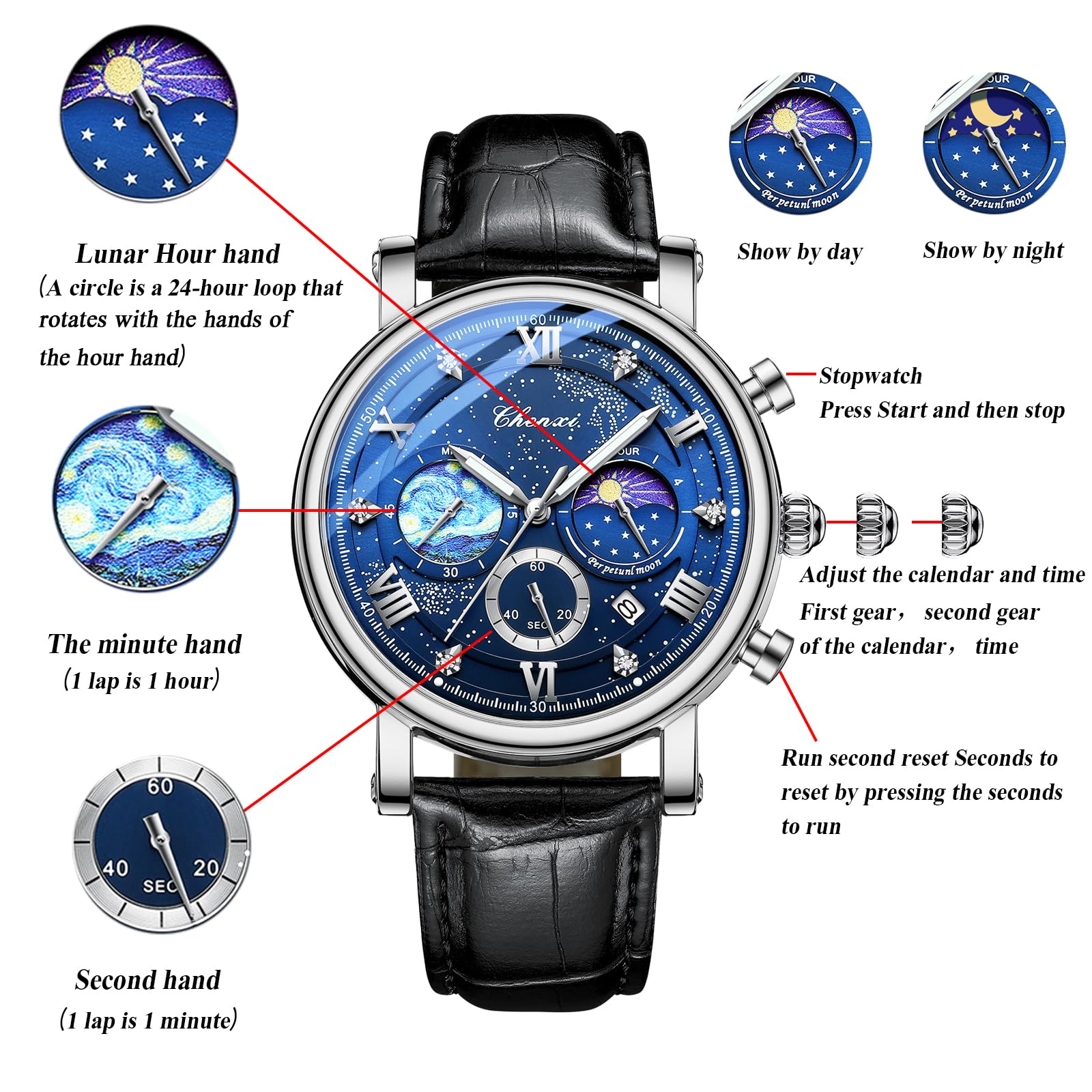 JewelryWe Orologio da Polso da Uomo in Pelle: Orologio da Polso Impermeabile Multifunzione Quadrante con Decorazione Notturna Van Gogh Starry Night con Cronografo e Calendario