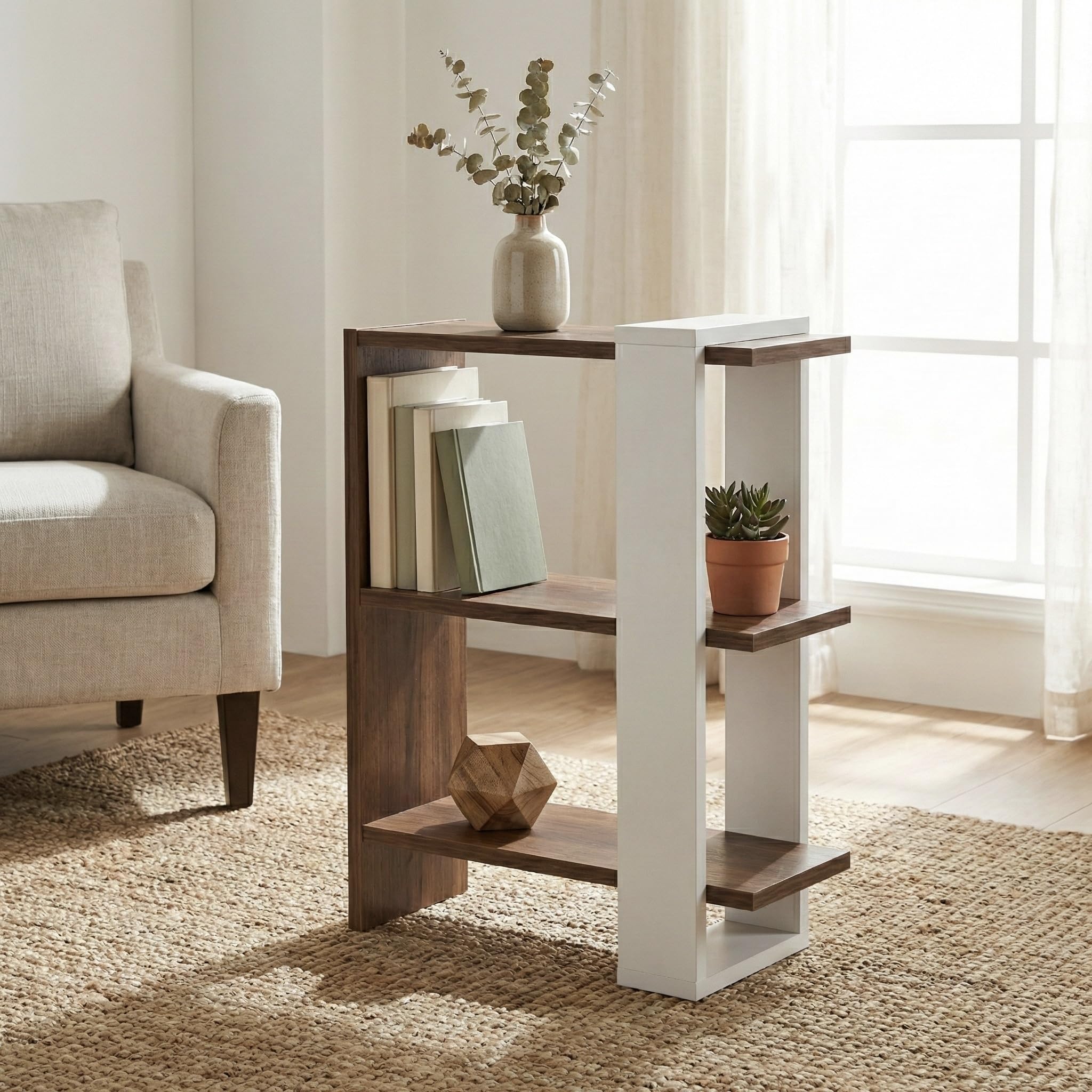 Opus 3-Tier Modern Side Table & Nightstand, Two-Tone Accent Bookshelf for Living Room, Bedroom & Office, 50x24x68cm (Dark Walnut & White)-image-19