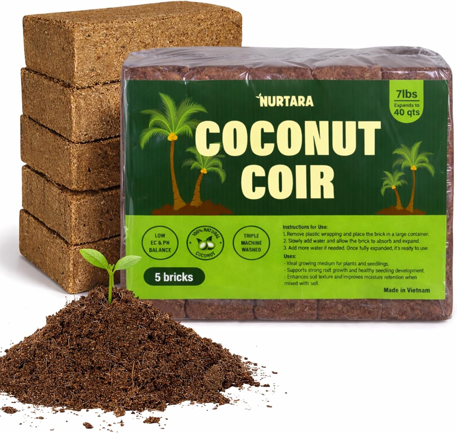 7 Lbs Bricks, Pack 5 Coconut Coir | 1.4 Lbs Each | Organic Compressed Cocopeat, Seed Starter Soil, Coconut Fiber for Reptile Terrarium, Potting Mix | Low EC, pH Balanced, Odor-Free