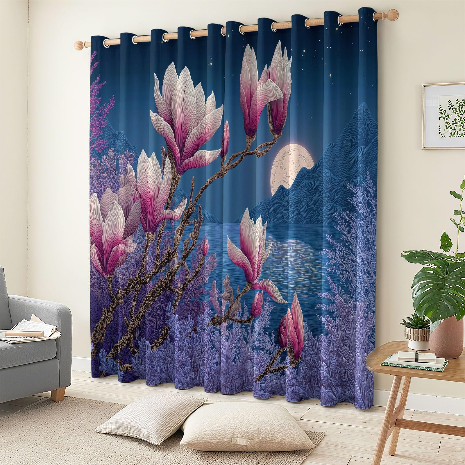 Zasłony zaciemniające 75 x 166 cm zestaw 2 sztuk, orientalny urok natura kwiaty magnolia zasłona zaciemniająca z oczkami do sypialni, redukcja hałasu, ciemnoniebieska