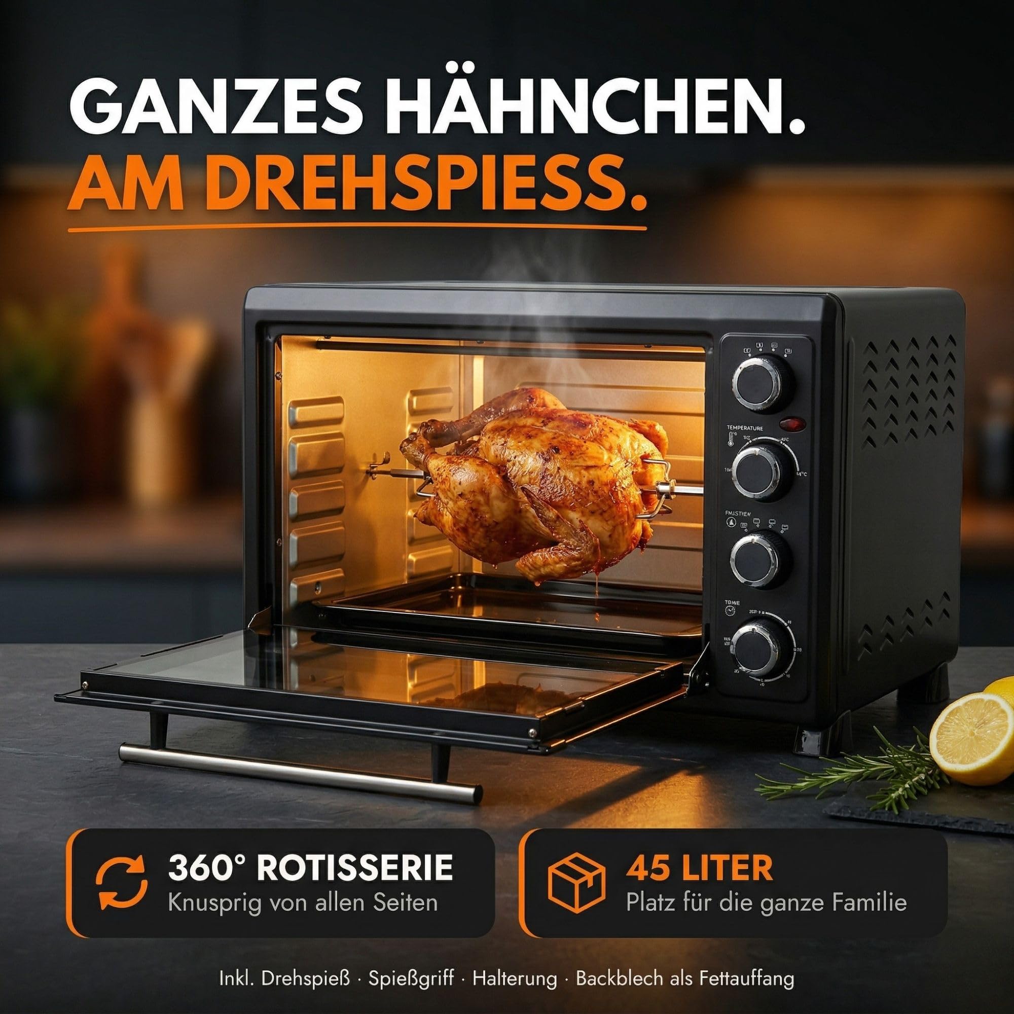 Sommertal Minibackofen 45L mit Drehspieß & Umluft, 2000W, 100–230°C, 60 Min Timer, Hähnchengrill Backofen, Mini Backofen 45 Liter mit Konvektion, Backen, Grillen & Pizza, inkl. 7-tlg Zubehör