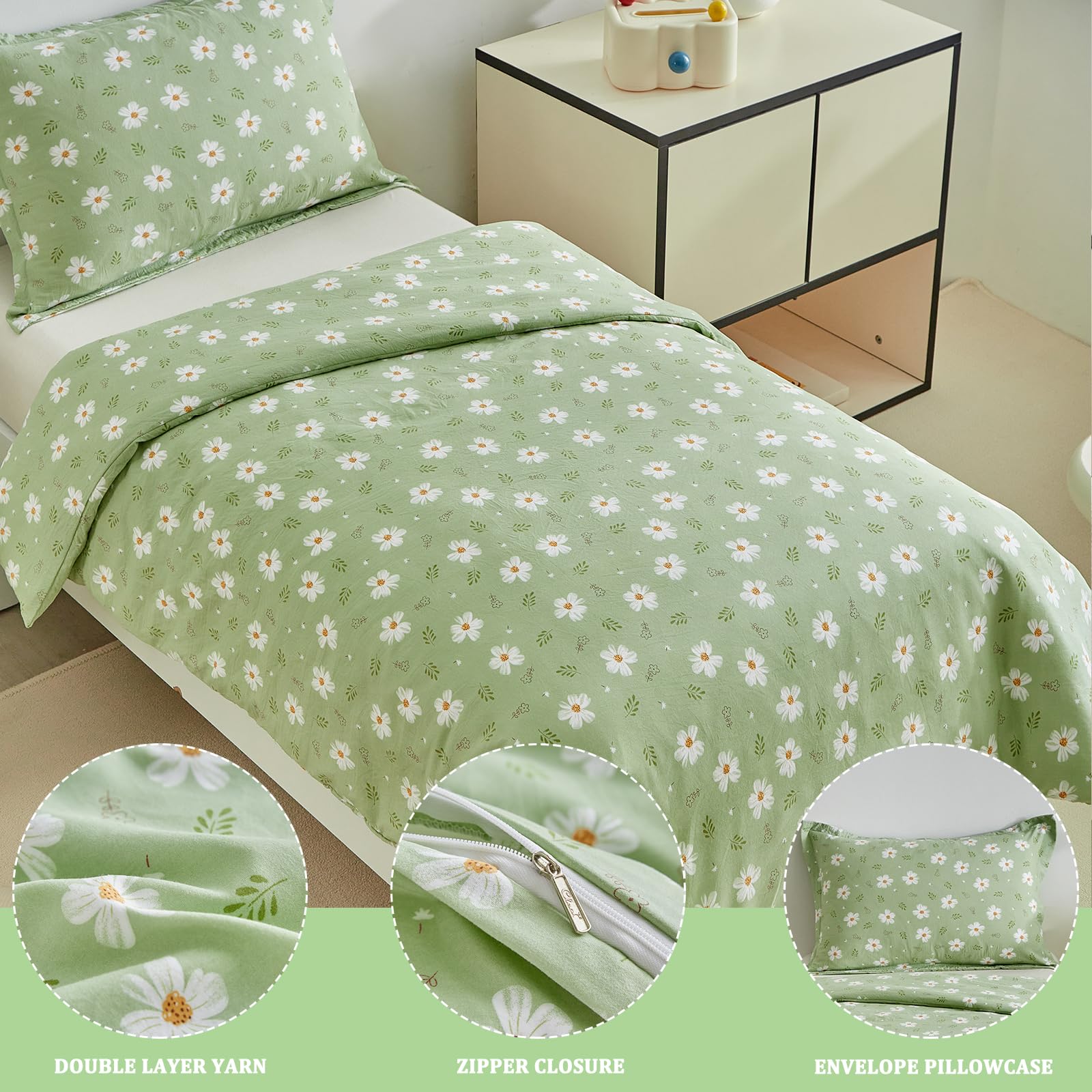 DuShow Floral Single Bedding Set For Girls and Boys,Kids Single Bed Duvet Cover and Pillowcase Set Flower Duvet Cover Set Green-135 x 200 - Image 4