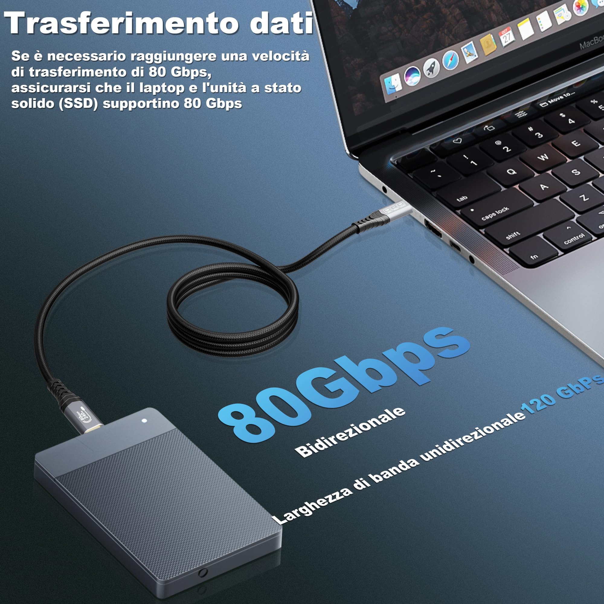 CABLAPTOP 80Gbps USB 4 V2.0 Cavo Thunderbolt 5 1m, unidirezionale fino a 120Gbps, Video 16K/Dual 8K@60Hz, 240W, Compatibile con Thunderbolt 4/3, USB C, Laptop,eGPU,Display,Smartphone