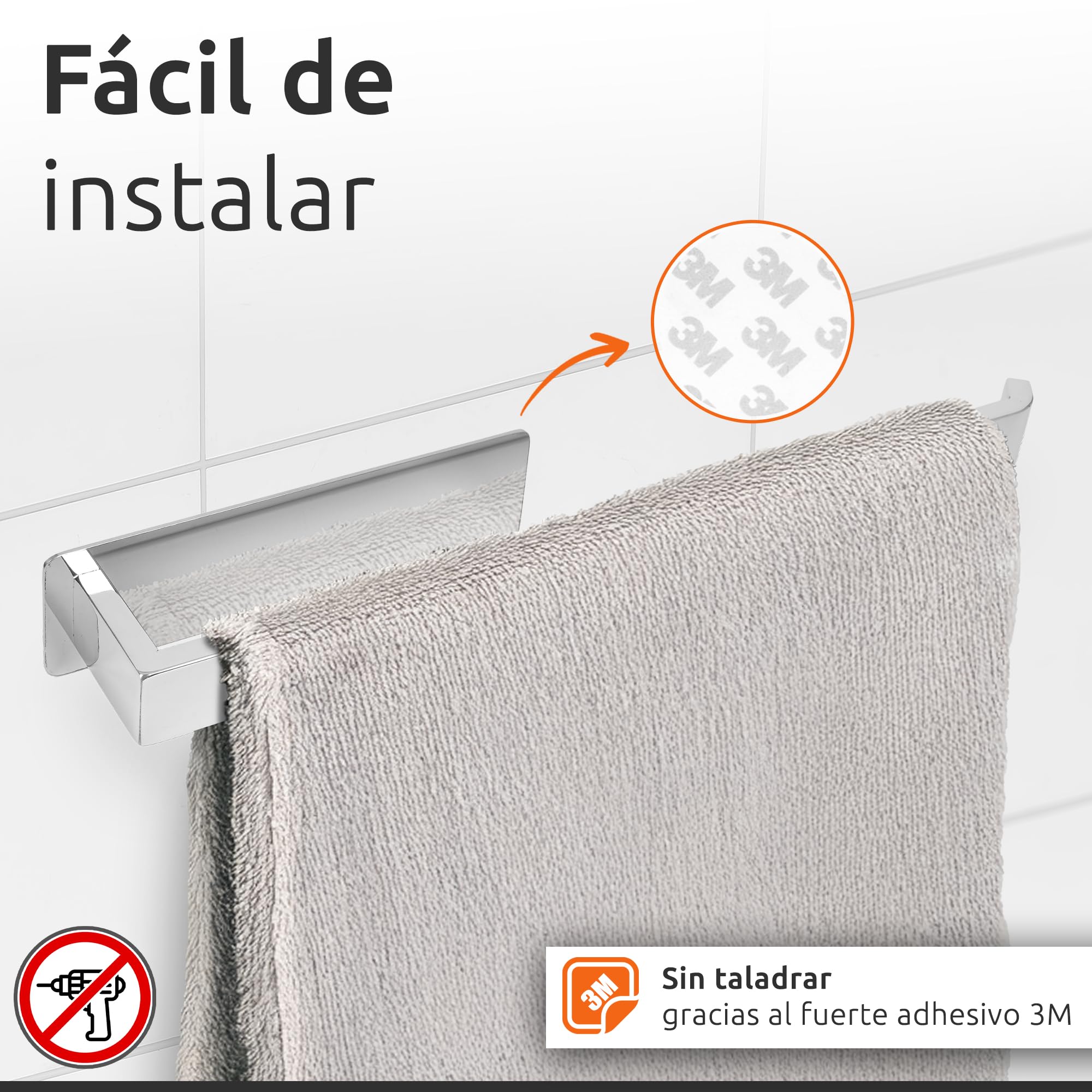 ECENCE Toalleros de Baño sin Taladro Cromo 38cm - Colgador de Toallas con Adhesivo en Acero Inoxidable 304, Antióxido para Cocina y Aseo