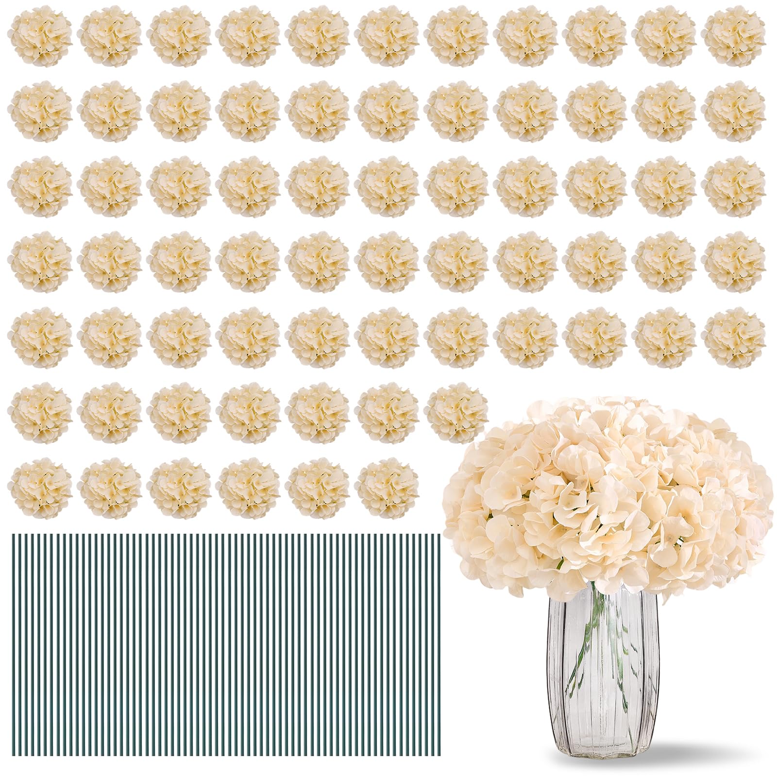 LATRORA 20Pcs Champagne Hydrangeas Artificial Flowers Silk Hydrangeas Flower Heads with Stems Fake Flowers for Wedding Bridal Bouquets, Home Office Party Decor, Floral Arrangements, Centerpiece