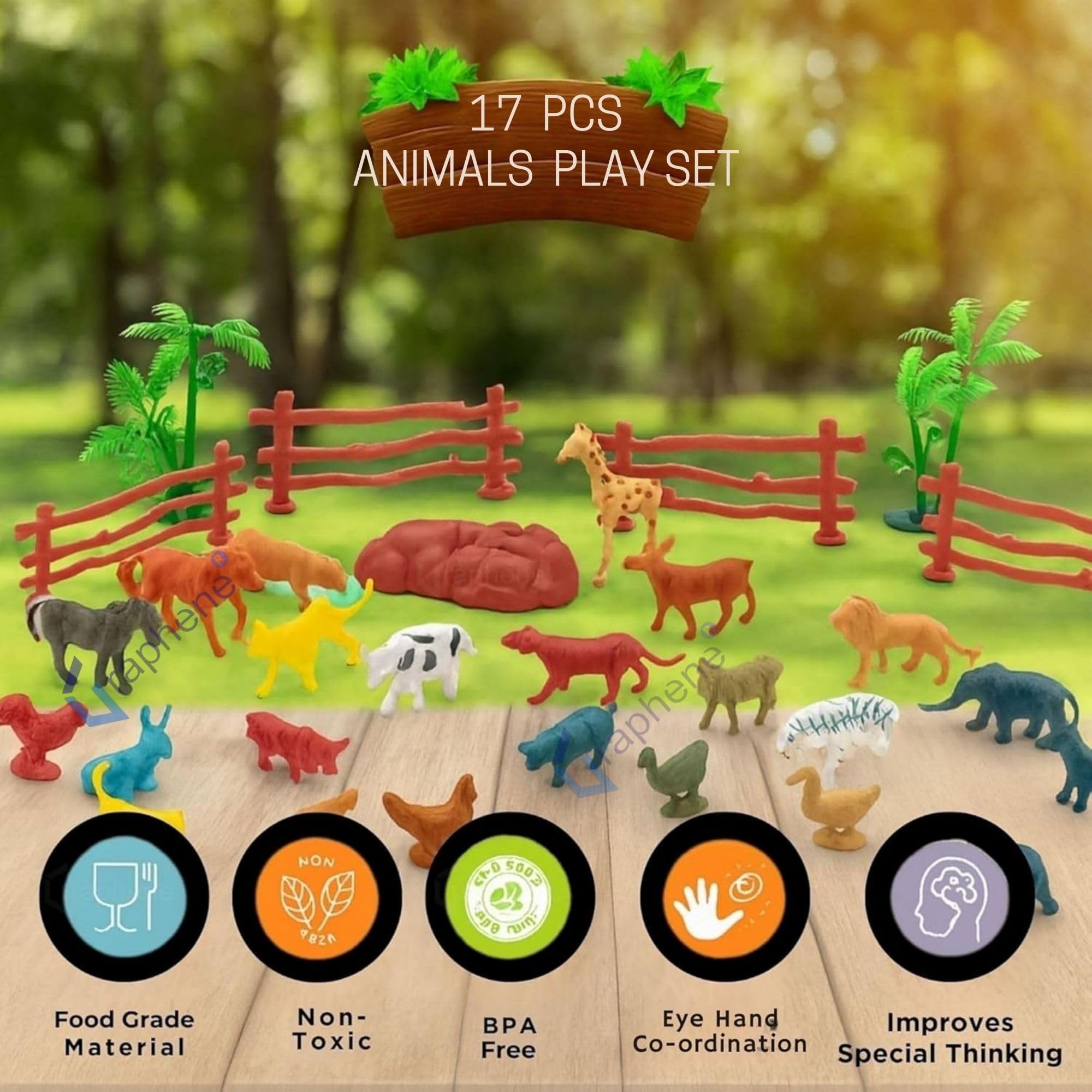 GRAPHENE 17 Pcs Animal Figure Toy Set, Farm & Jungle Animal Figure Playsets with Artificial Tree & Fencing Birthday & Return Gifts,School Project Learning Educational Toy Set for Kids 2