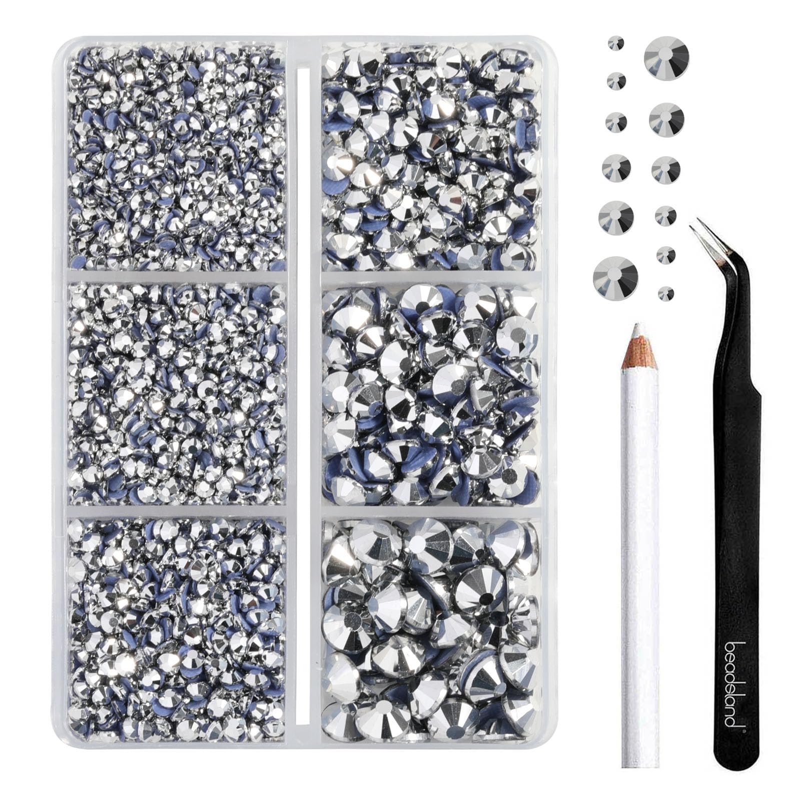 BEADSLAND Hotfix Rhinestones,4000 PCS Silver Rhinestones for Clothes Crafts Mixed 6 Sizes with Wax Pencil and Tweezers Kit,SS6-SS30,Silver Hematite