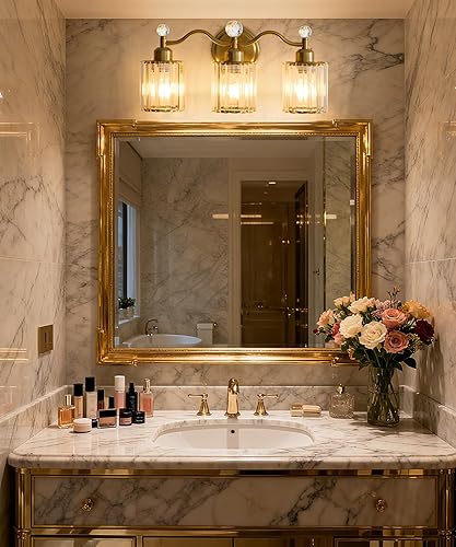 Miniatura 7 de Lámpara de tocador de baño de 3 luces, luces de tocador de cristal dorado para baño, lámpara de baño con pantalla de cristal transparente, moderna