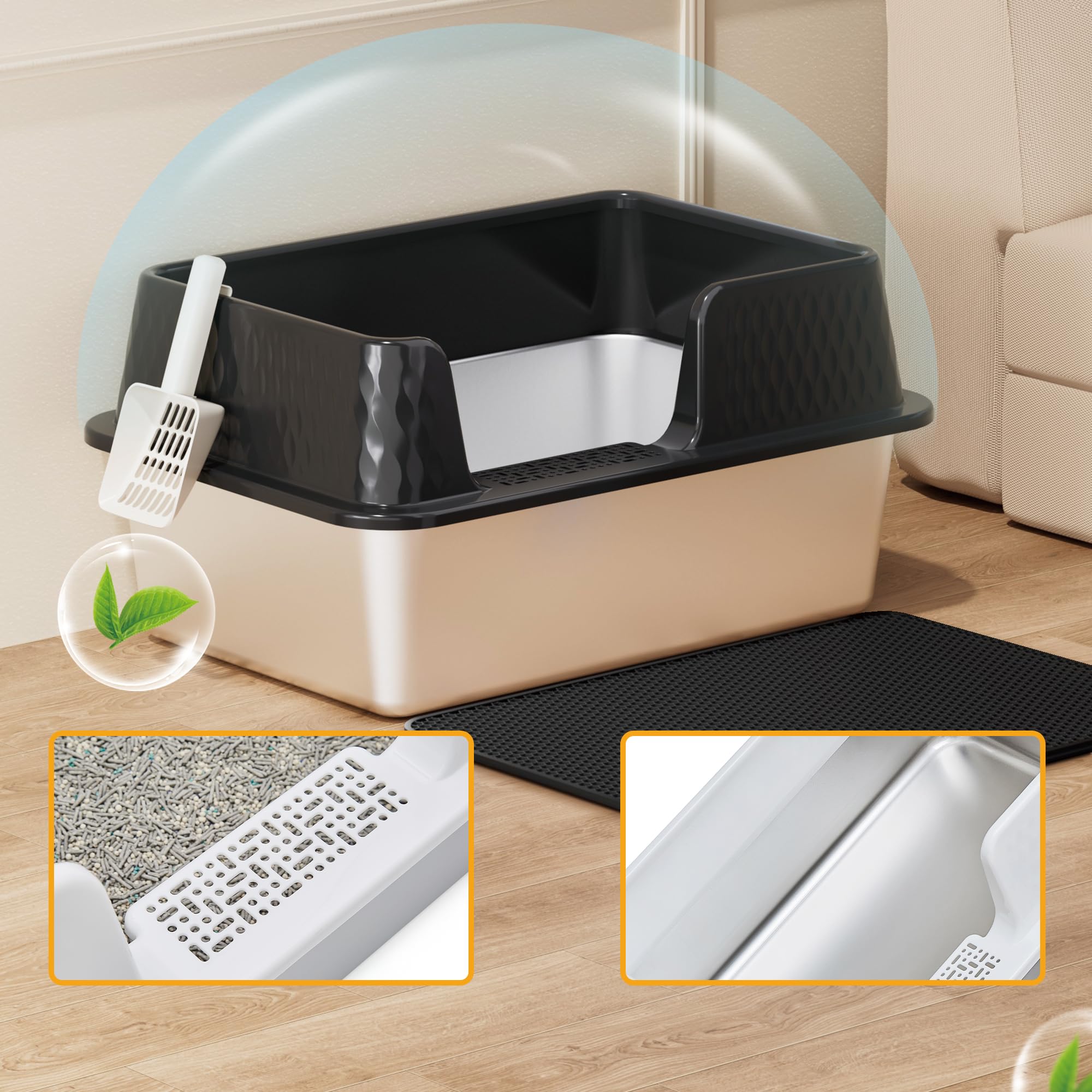 Vealind Lettiera per gatti in acciaio inox con apertura superiore, in metallo resistente e durevole, con bordi alti