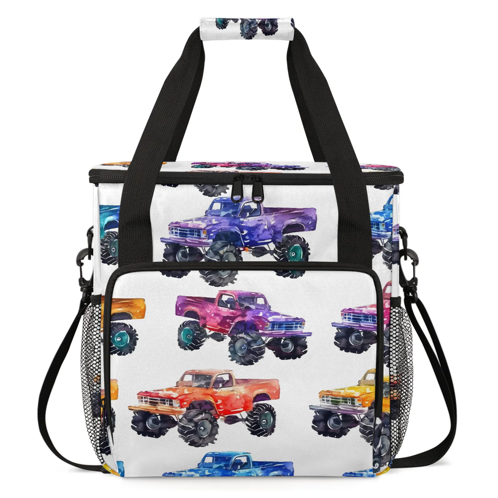 Adornori Monster Trucks Travel Coffee Maker Carrying Bag, Large Organizer Storage Tote Bag Insulated Reusable Cooler Grocery Bags