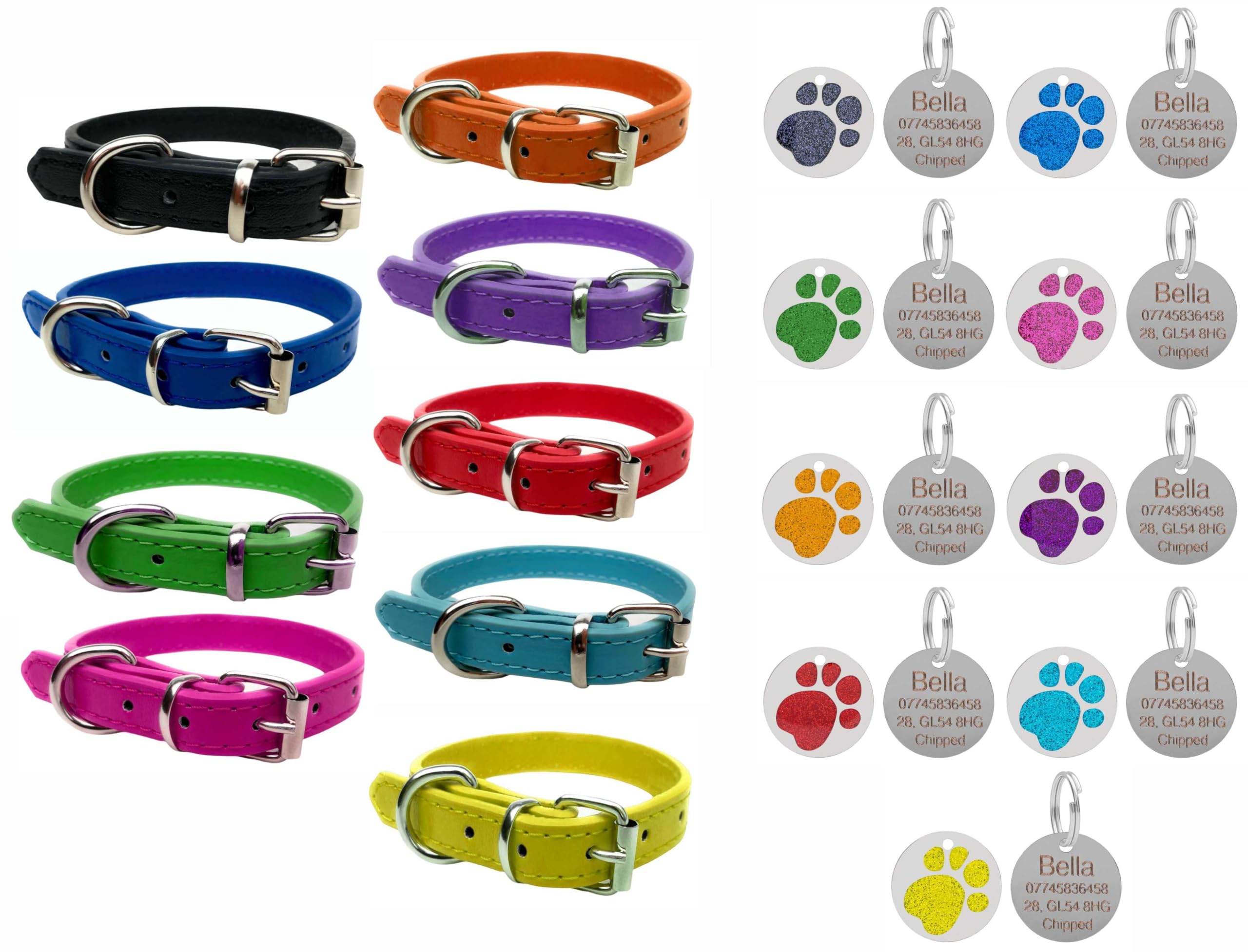 Vibrant Leather Dog Collar for Puppy, Dogs Small, Medium & Large With Personalised Engraved Round Glitter Paw Print Tag (Small (27cm - 33cm Neck), Turquoise)