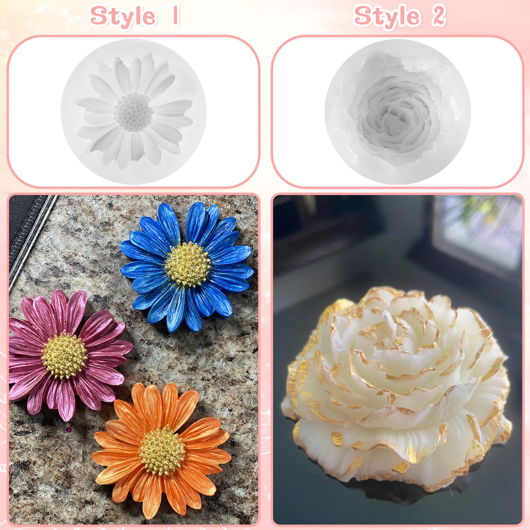 Stampini Silicone Per Candele E Resina - Forma Fiori Di Peonia E Margherita - 2 Pezzi - Foto 5