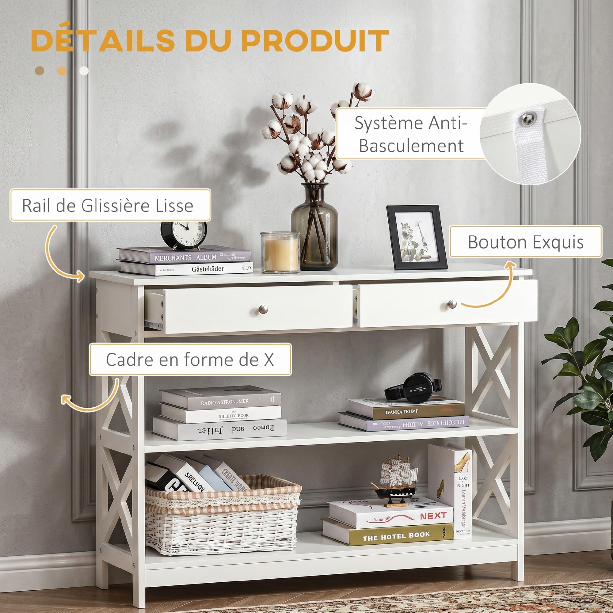 HOMCOM Table de Console Néo-Rétro 2 Tiroirs 100L x 30.5l x 80H cm Blanc