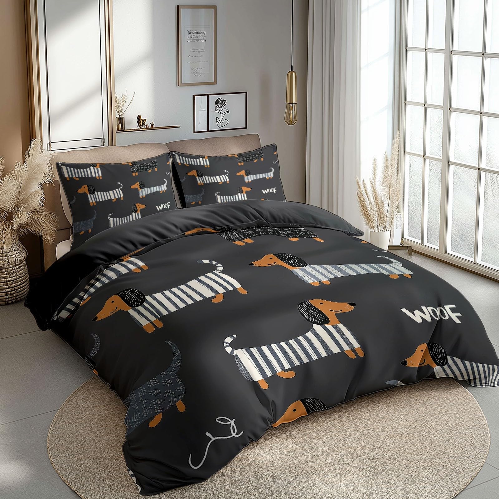 Juegos de Fundas nórdicas Polialgodón Premium Perro Salchicha Funda nórdica Estampada Ultrasuave Reversible Gris carbón 220 x 240 cm Fundas nórdicas Juego de Cama sin Planchado