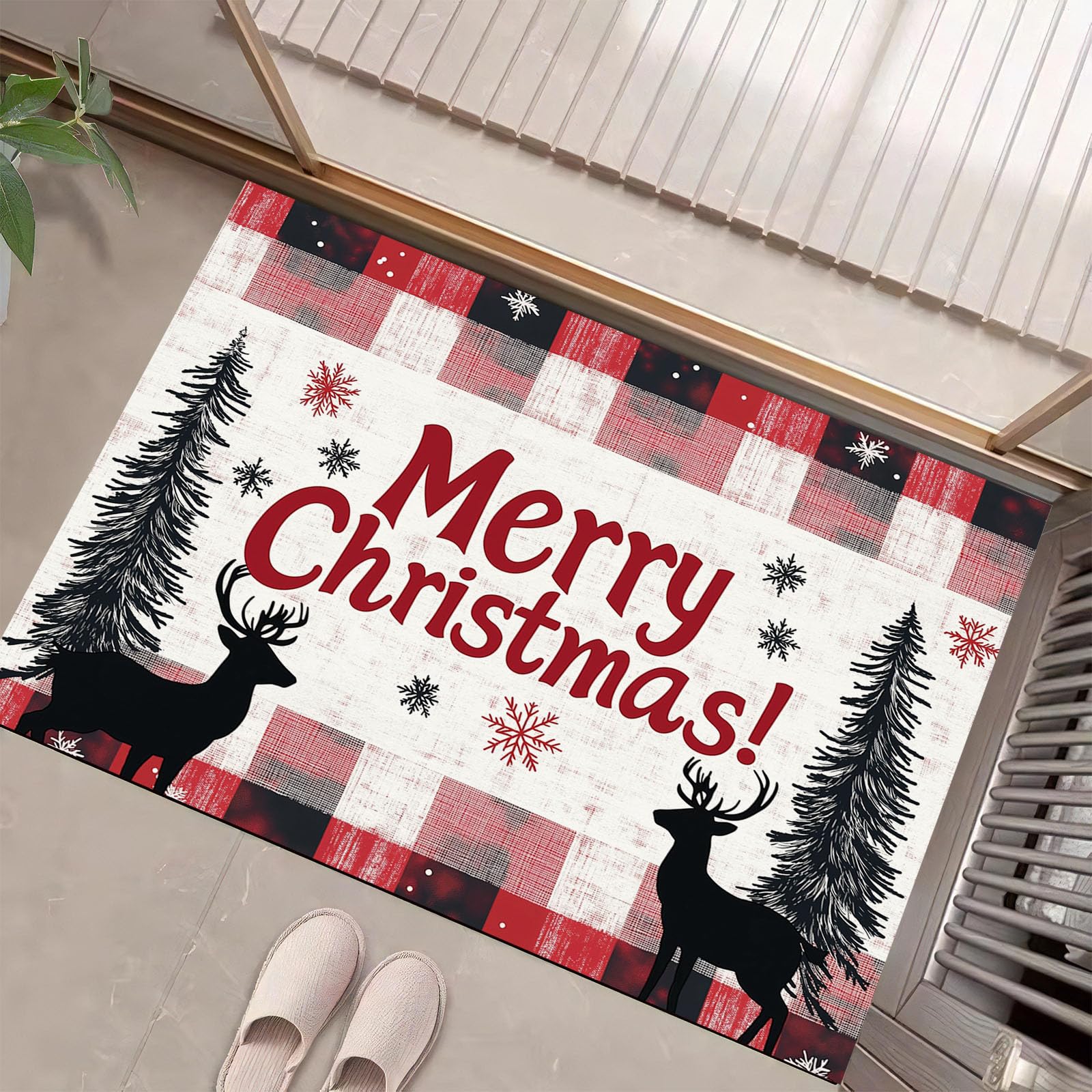 Felpudos De Navideño, 90X150Cm Antideslizante Alfombra De Cuadros Navideños De Búfalo, Alfombra De Puerta Entrada para Bosque De Renos, Felpudos De Bienvenida De Rojo Y Negro para Interiores