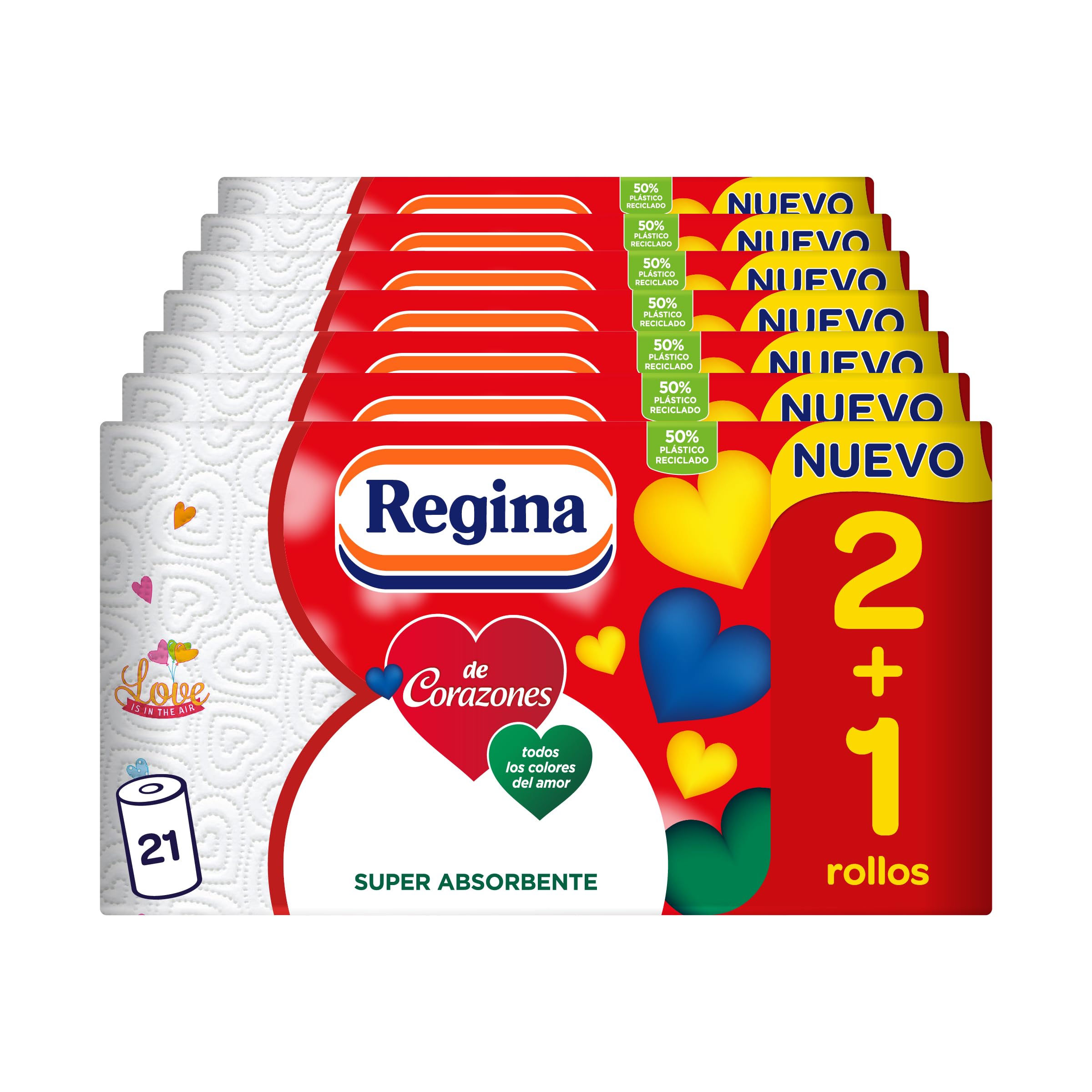 Regina de Corazones Papel Cocina - 21 Rollos, Máxima Absorbencia En Cada Hoja, 58 Hojas De 2 Capas Por Rollo, Color Decorado, Rollo grande