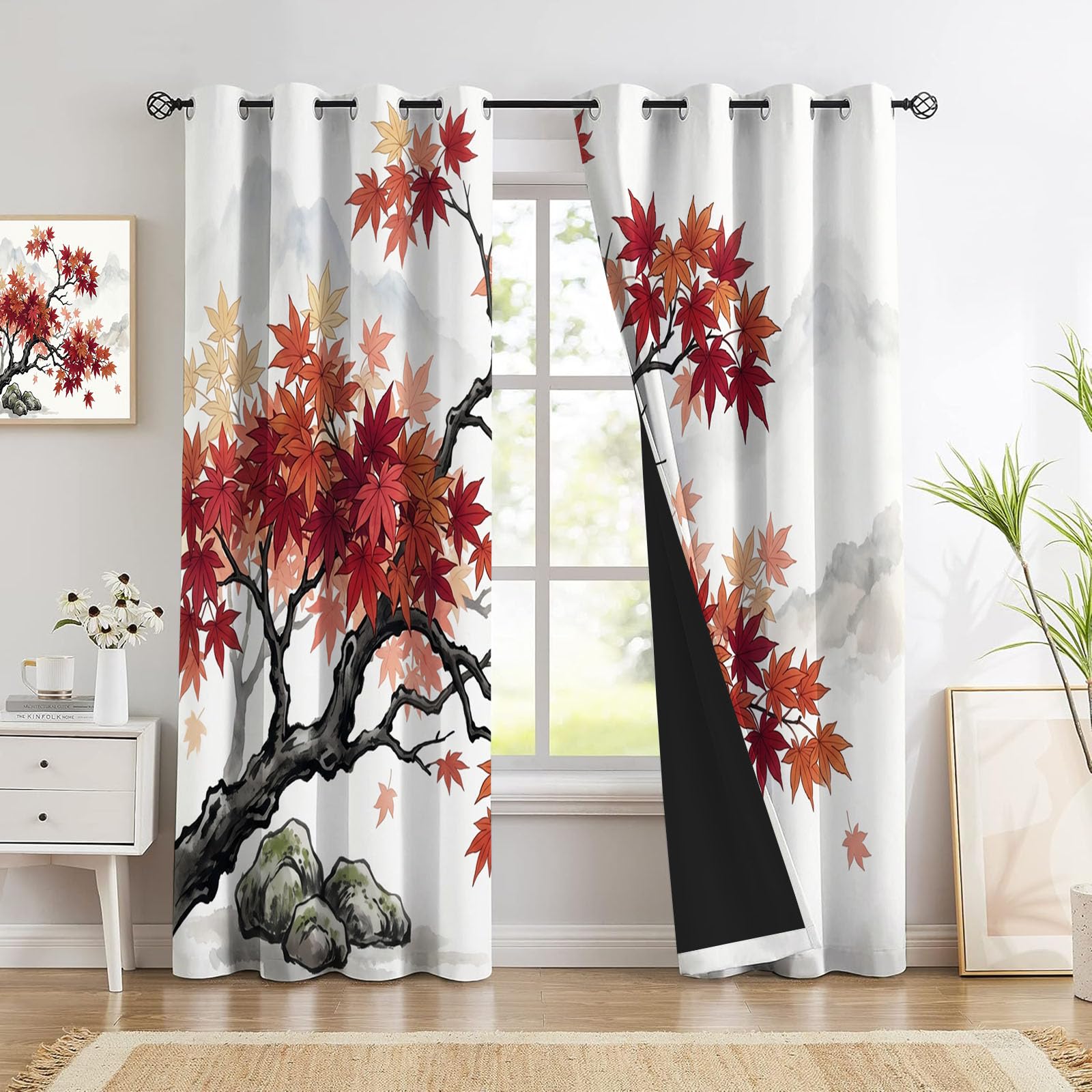 Cortinas Opacas Montañas Dibujadas A Mano Impresión,3D Arce Rojo Cortinas Blackout Termicas Aislantes Frio y Calor con Ojales para Dormitorio Salon 2 Piezas 140×160cm,Beige