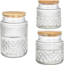 Hedume Set of 3 Glass Storage Jars, Glass Food Storage Canisters with Bamboo Lid, Vintage Embossed Glass Canisters, Kitchen Decorative Jar Airtight Glass Jars for Cereal, Nuts, Candy, Coffee, Tea