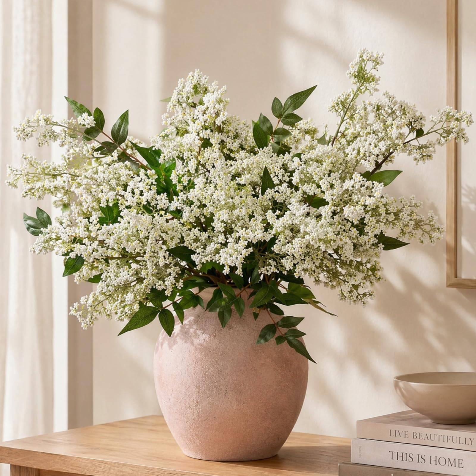 Künstliche Beerenstiele, weiße Blumen, Zweige für hohe Vasen, künstliche Grünpflanzen, 109 cm, realistisch, lange Blumen für den Sommer, Tisch, Innenbereich, Heimdekoration, Dekoration, 3 Stück