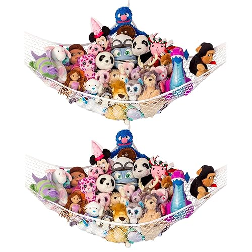 Lilly's Love Stuffed Animal Hammock, 2 Pack | Corner Hanging Organizer, Toy Storage, Stuffed Animal Storage | Easy to Hang Plushie Net w/Anchors & Hooks | Cute Room, Bedroom & Home Decor (White) - White - Standard