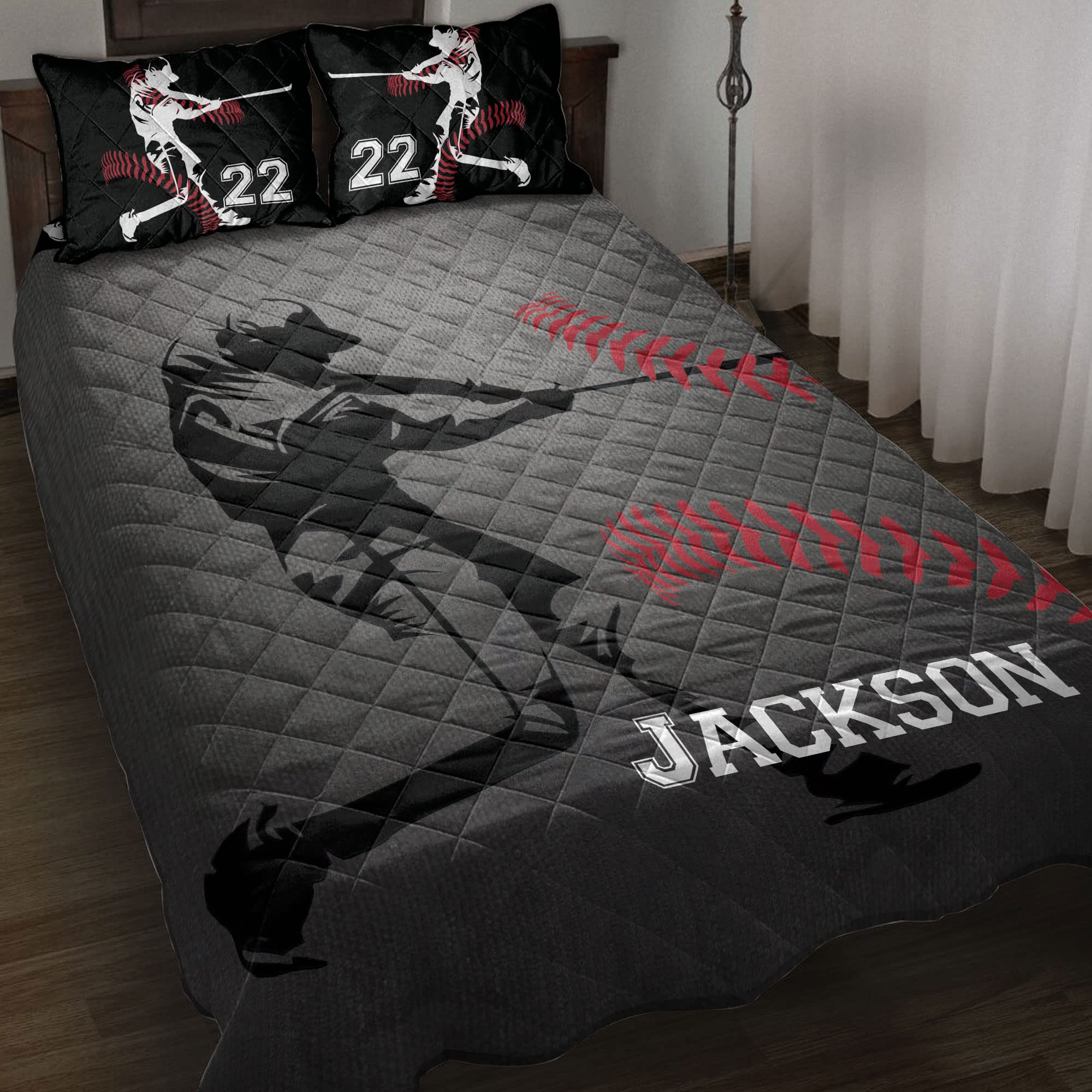OhaPrints Custom Baseball Boy Batter Player Fan Gift Idea Grey Personalized Name Number Quilt Blanket & Pillowcases, Quilts Bedding Set & Pillow Cover, King Queen Double Twin Throw Full Size Bed Sets