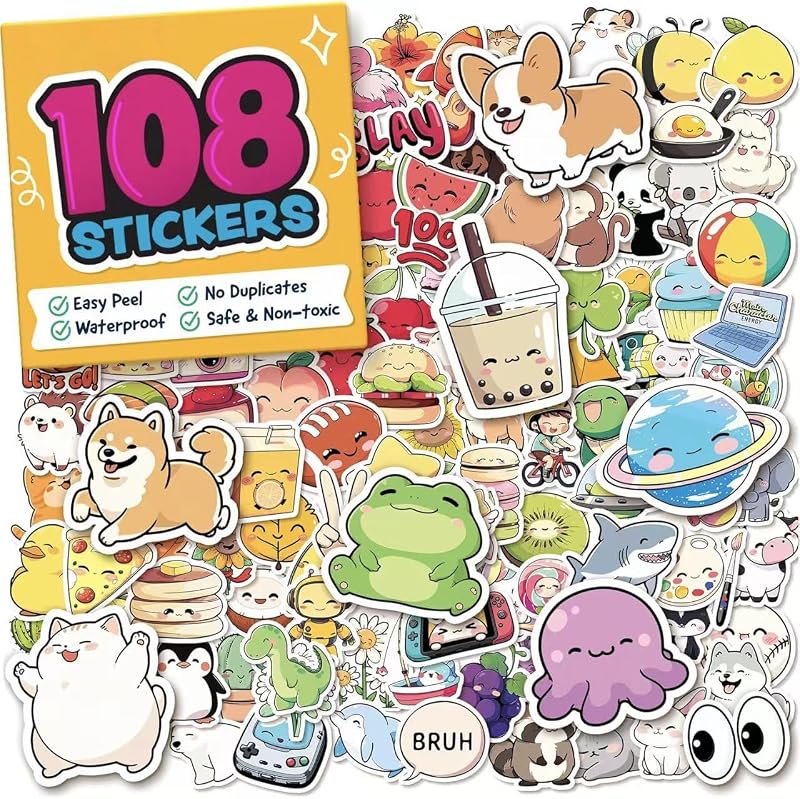 108 Sticker für Kinder - Kawaii Tiere & Früchte - Wasserdichte Vinyl-Aufkleber - Lehrergeschenk, Belohnung, Basteln, Trinkflasche