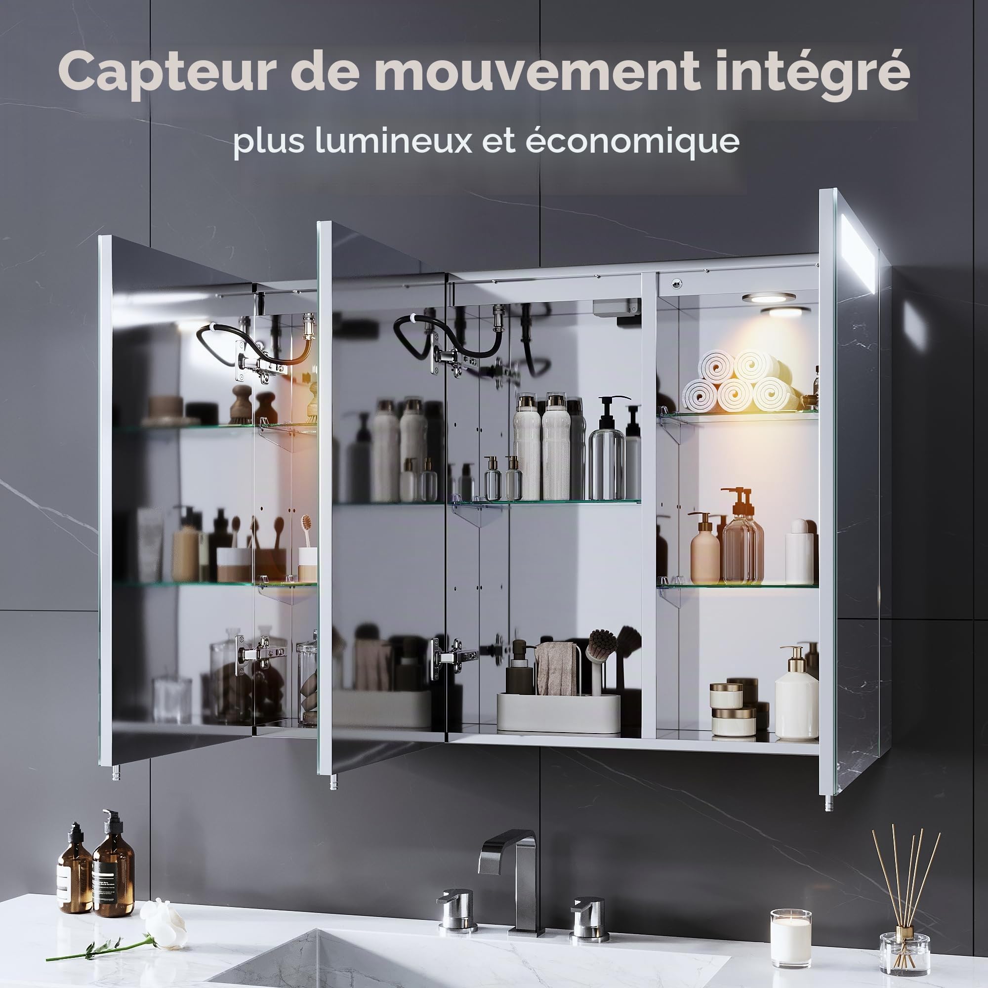 Armoire de salle de bain, 90 x 65 x 13 cm, Armoire de salle de bain avec éclairage et prise de courant, température de couleur réglable, acier inoxydable, fonction débuée, lumières réglables