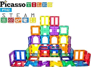 PicassoTiles 42 Piece Magnetic Building Block Set Playboards Magnet Tiles Construction Toy Educational Kit Tile Magnets Engineering STEM Learning Playset Stacking Blocks for Toddler Preschool 3 & up