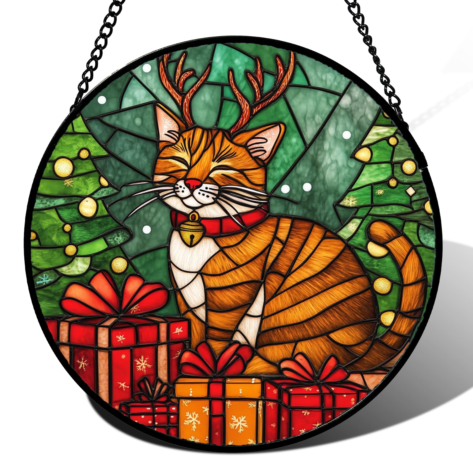 DASTOLL Stained Glass Window Hanging Orange Cat Elk Antler Large 11.8" - Suncatcher Door Garden Kitchen Sun Catcher Home Decor Birthday Gifts for Lost Pets Mom Men Woman Friend Grandma — image 1