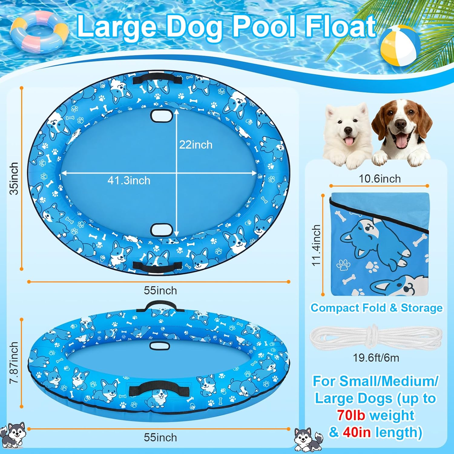 55"x35" Large Dog Pool Float, Inflatable Dog Floats for Lake, Dogs Pool Raft with Rope, Tear-Resistant Stable Support Puppy Floatie for Small Medium Large Doggies, up to 70 Lbs