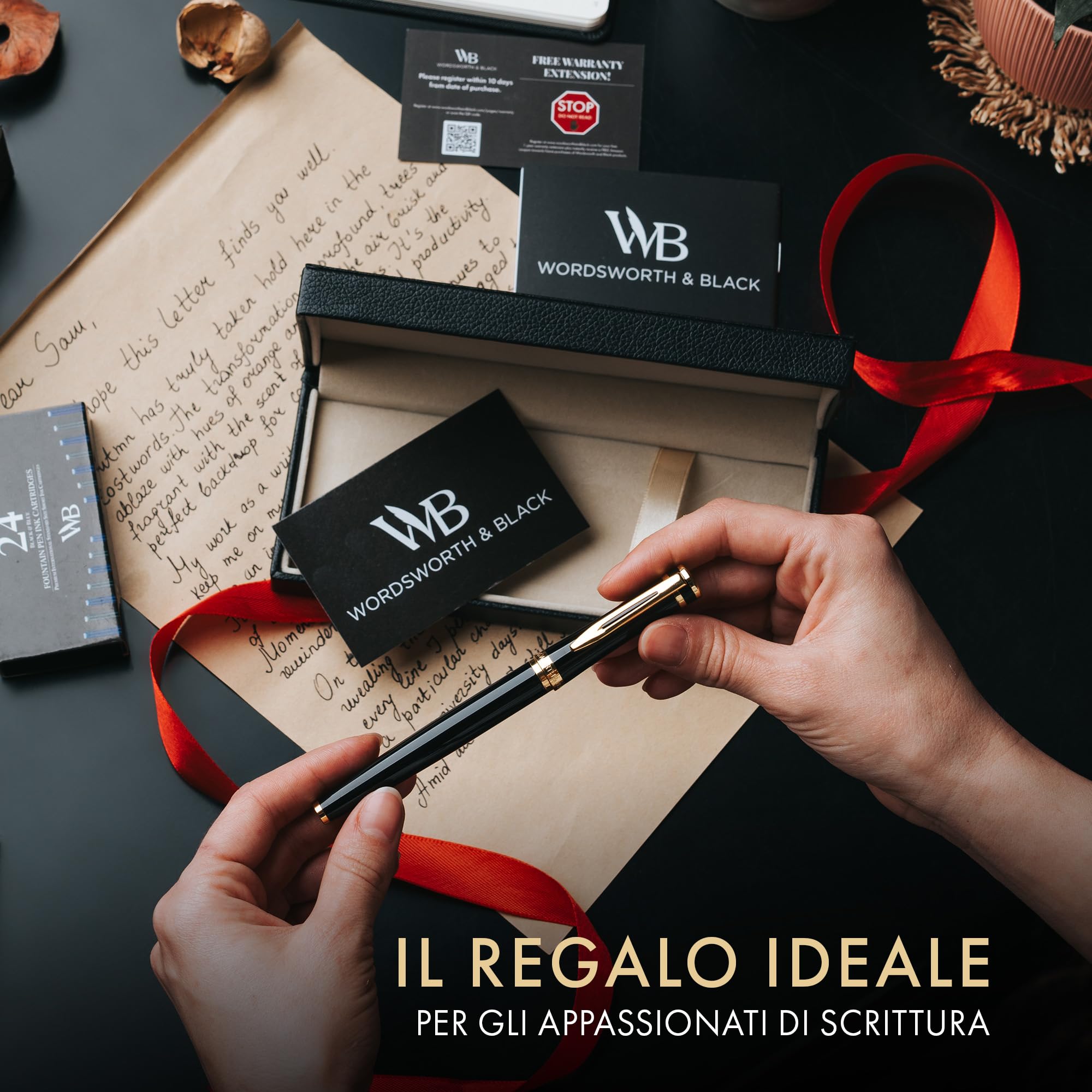 Wordsworth & Black Set di penne stilografiche, Pennino medio, 24 cartucce inchiostro e convertitore, Oro nero