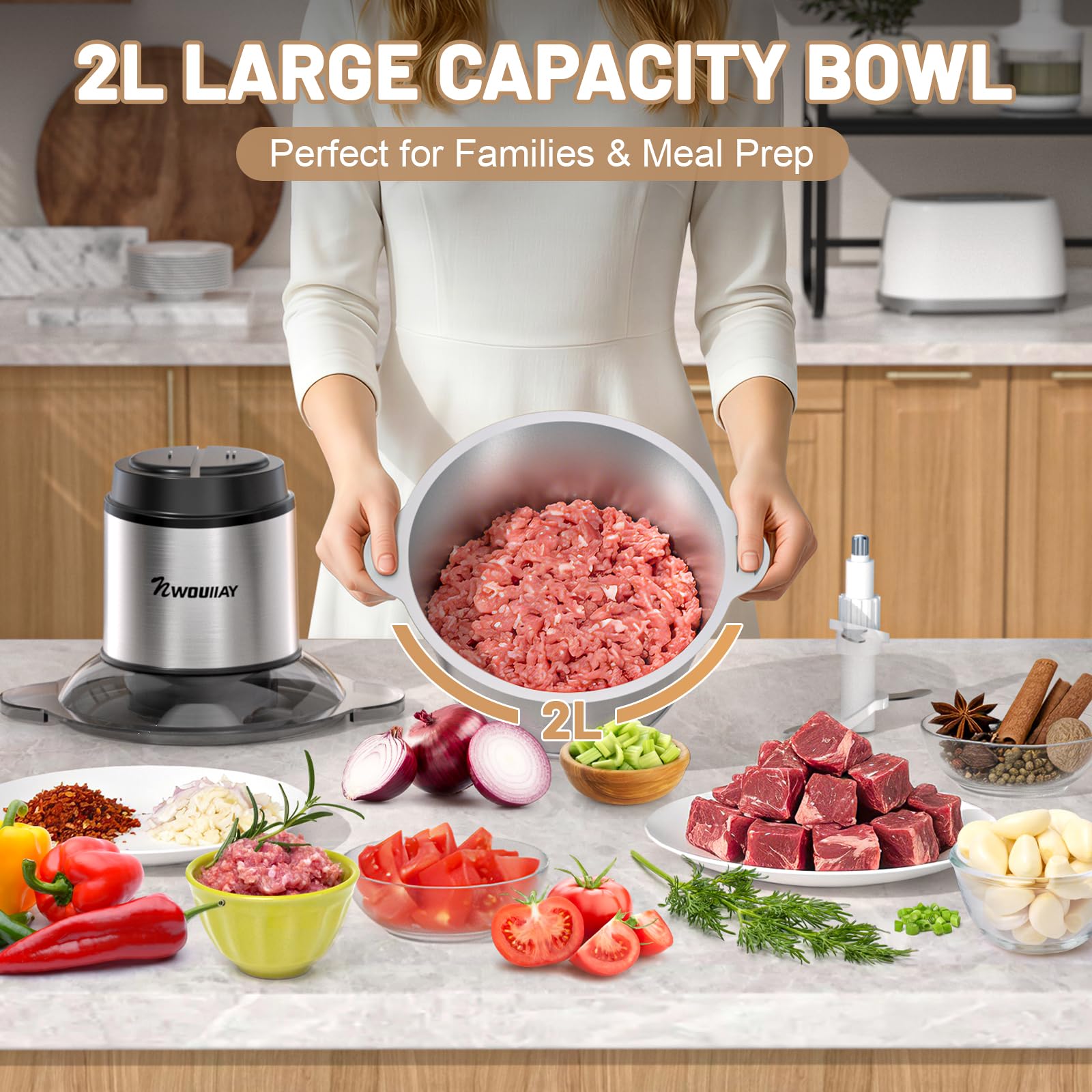 Picadora de Carne Eléctrica 300W 2L, Trituradora Multifuncional para Cocina Doméstica con 2 Velocidades y 4 Cuchillas de Acero Inoxidable, Ideal para Carne, Verduras, Frutas y Cebolla