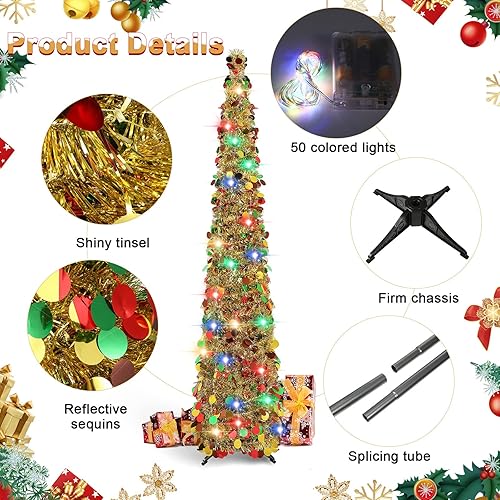 Miniatura 3 de Árbol de Navidad de oropel desplegable de 5 pies con lentejuelas coloridas reflectantes, árbol de Navidad artificial delgado, plegable, árbol de