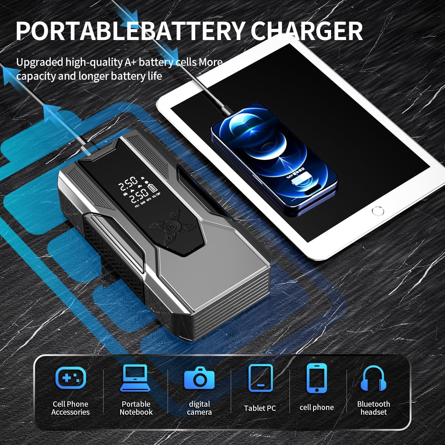 Emergency Portable Jump Starter with Air Compressor - 3000A 150PSI for Cars, Trucks & SUVs up to 9L Gas/7L Diesel, 12000mAh Portable Power Bank, -20°F Cold Start (Grey) - Image 5