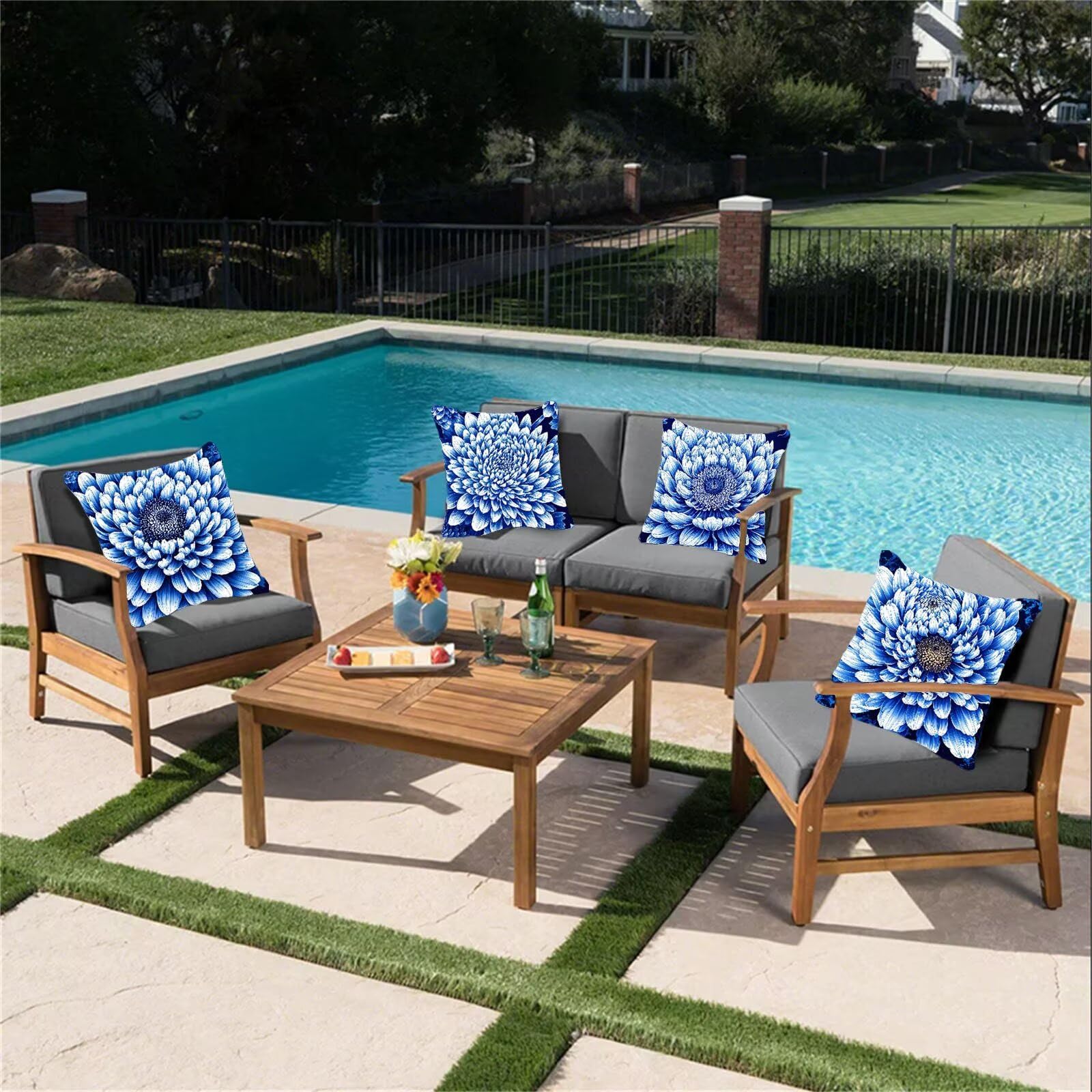Kissenbezug 60x60 4er Set, Outdoor Kissen Blau Sofakissen, Wasserdicht Kissenbezüge Chrysantheme Dekokissen mit Unsichtbarem Reißverschluss, Zierkissenbezüge für Schlafzimmer Sofa Stuhl Bett G1-547