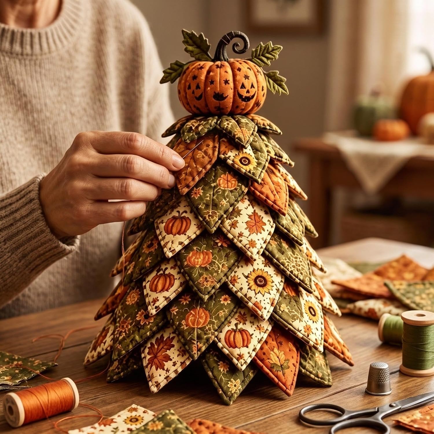 DIY Halloween Quilted Fabric Tree Sewing Kit, Padded Layered Fabric Tree Craft Set, Beginner Friendly Handmade Ornament, Fall Tabletop Decor for Mantel Shelf, Holiday Craft Gift for Sewing Lovers，D