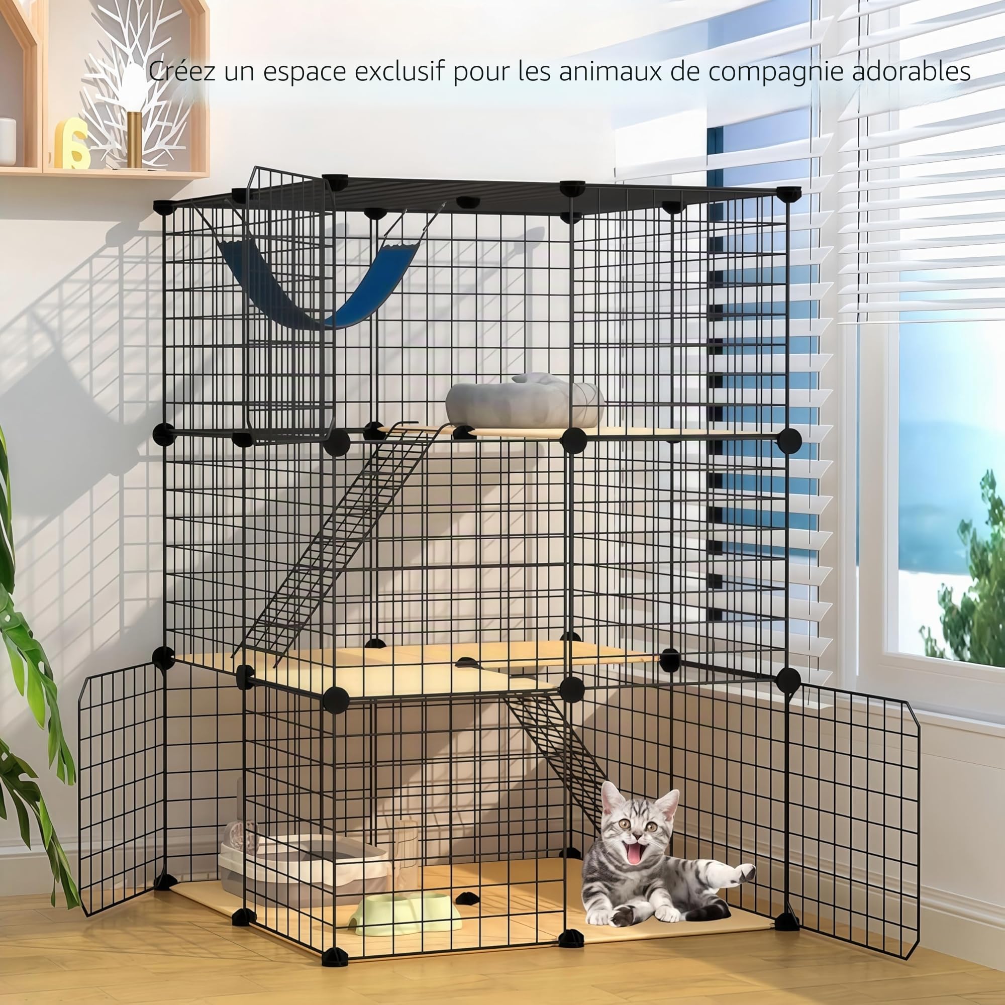 Enclos pour Chat d'intérieur à Monter soi-même, Cage Amovible en Fil métallique 70 x 70 x 105 cm, 3 Niveaux, Noir