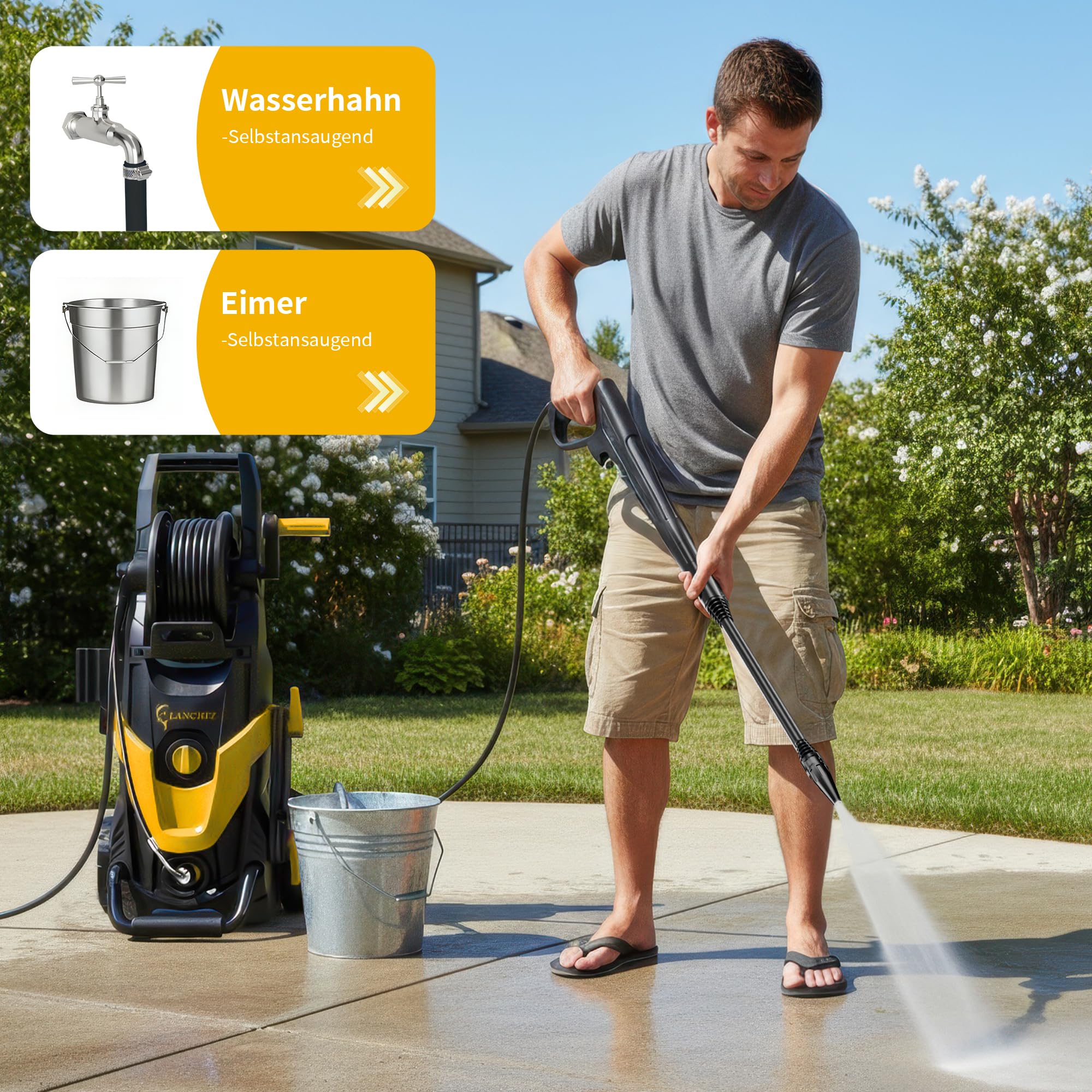 LANCHEZ Hochdruckreiniger, Max Druck 180 bar, Fördermenge 480 l/h, 7-in-1-Zubehör Kit, 500ml Schaumsprüher | Schnellkupplungen | Schnellanschlussdüsen | Terrassenbürste für Terrasse, Auto, Gelb