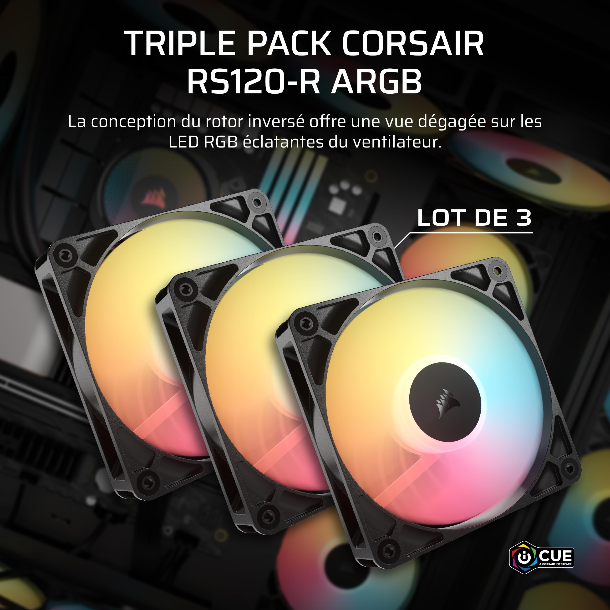 CORSAIR RS120-R ARGB 120mm PWM +5 ARGB Inversée Ventilateurs – Inversé Rotor, Huit RGB LEDs, Haute Pression Statique, Connecteurs en Série, Roulement à Dôme Magnétique – Pack Triple – Noir