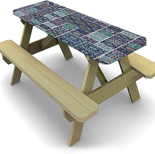 Miniatura 4 de XISUNYA Mantel ajustable elástico geométrico, 24 x 48 pulgadas, mantel rectangular para mesa plegable de 4 pies, mosaico tradicional azulejo