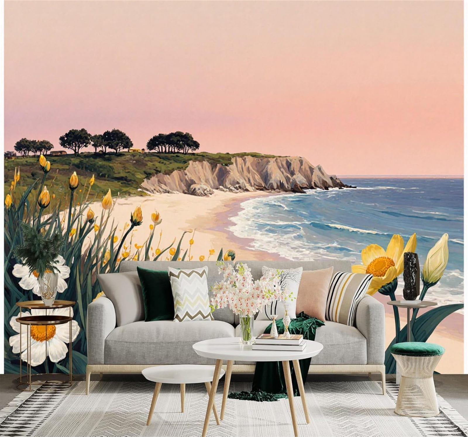 XLMING Seashore Beach Wildflowers Waves Sunset Sky 3D Wallpaper Silky Texture Home Study Office Grey Dining Room Sofa Bedroom Living Room TV Backdrop-400cm×280cm