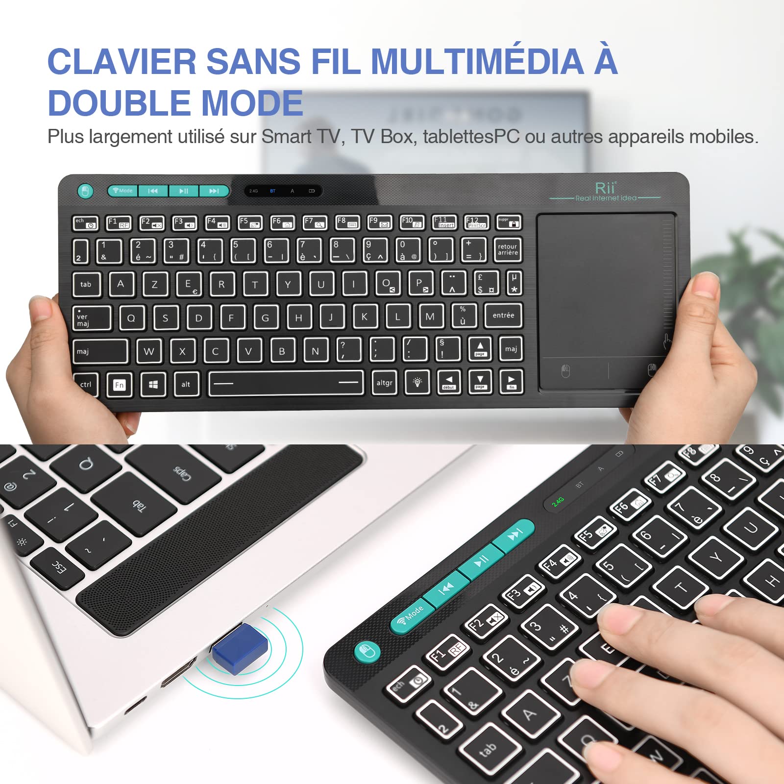 Rii K18S Clavier sans Fil Français (AZERTY) Clavier de Bureau Multi fonctionnel avec Souris Tactile de Grande Taille Intégrée Wireless, Batterie Li-ION Rechargeable (Bluetooth & 2.4 GHz)