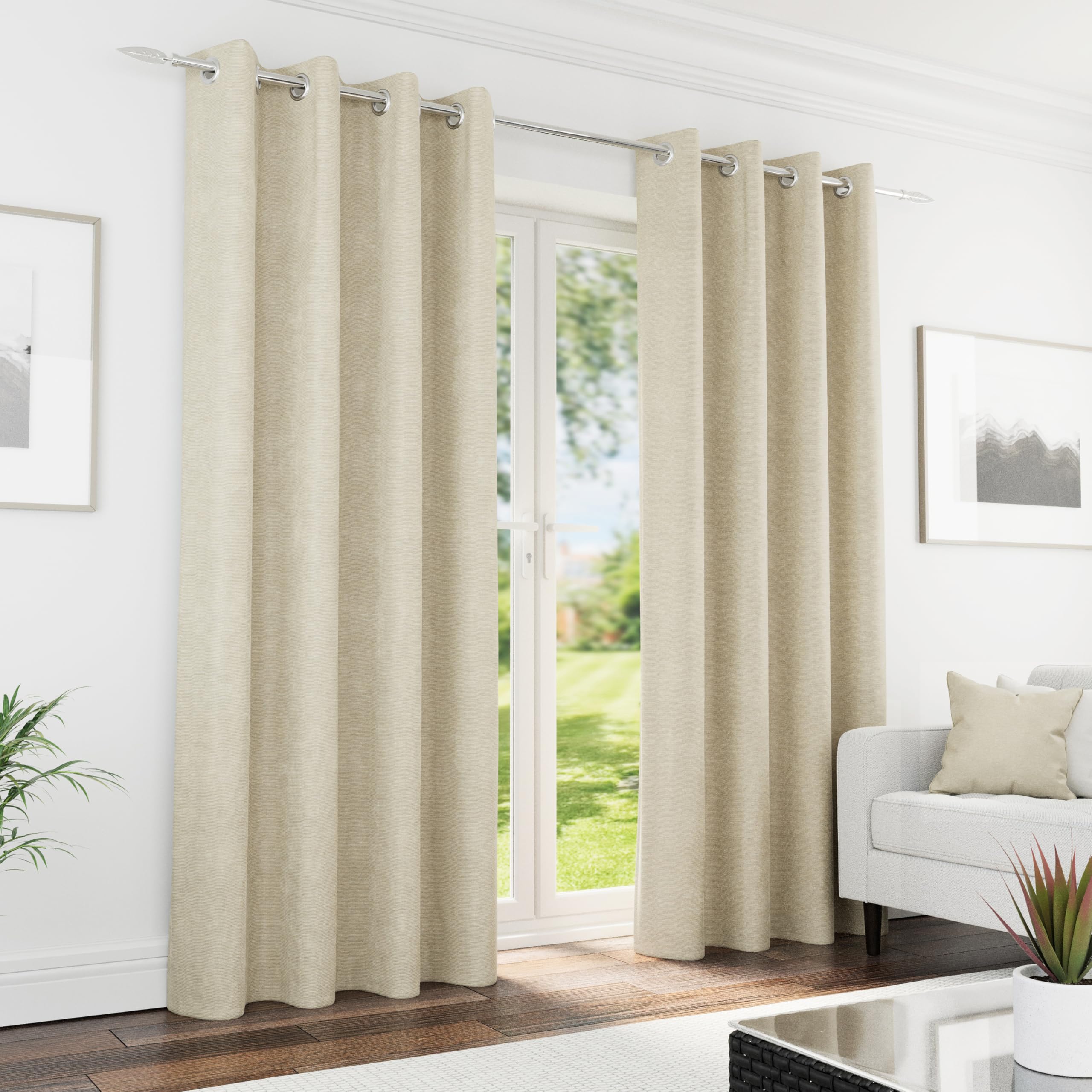 Cream 90x90"" Eyelet Chenille Curtains - 100% Blackout Thermal Pair of Curtains