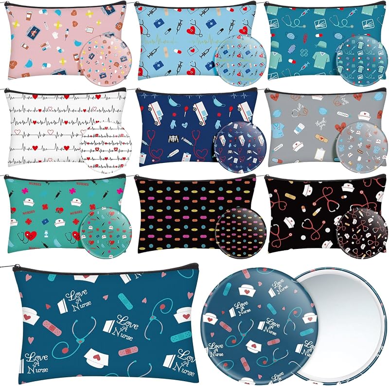 Sadnyy Kit com 10 Necessaires de Poliéster e 10 Espelhos Compactos para Bolsa, Estampa de Enfermagem, Pacote com 20