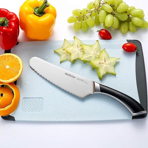 Miniatura 8 de WELLSTAR Cuchillo de cocina alemán de acero inoxidable de 6.5 pulgadas, corte de pan, verduras y carne, esparcidor de mantequilla, cuchillo de