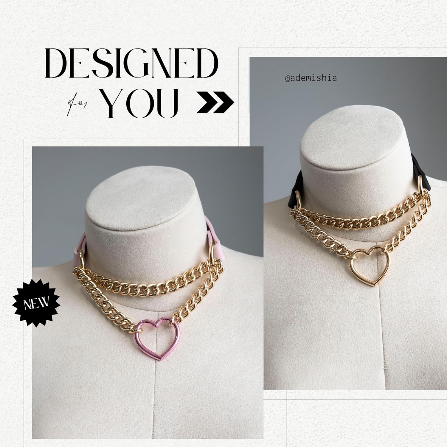 Black/Pink Leather Choker Necklace For Women, Handmade Adjustable Chain Collar with Metallic Heart Ring - Image 7