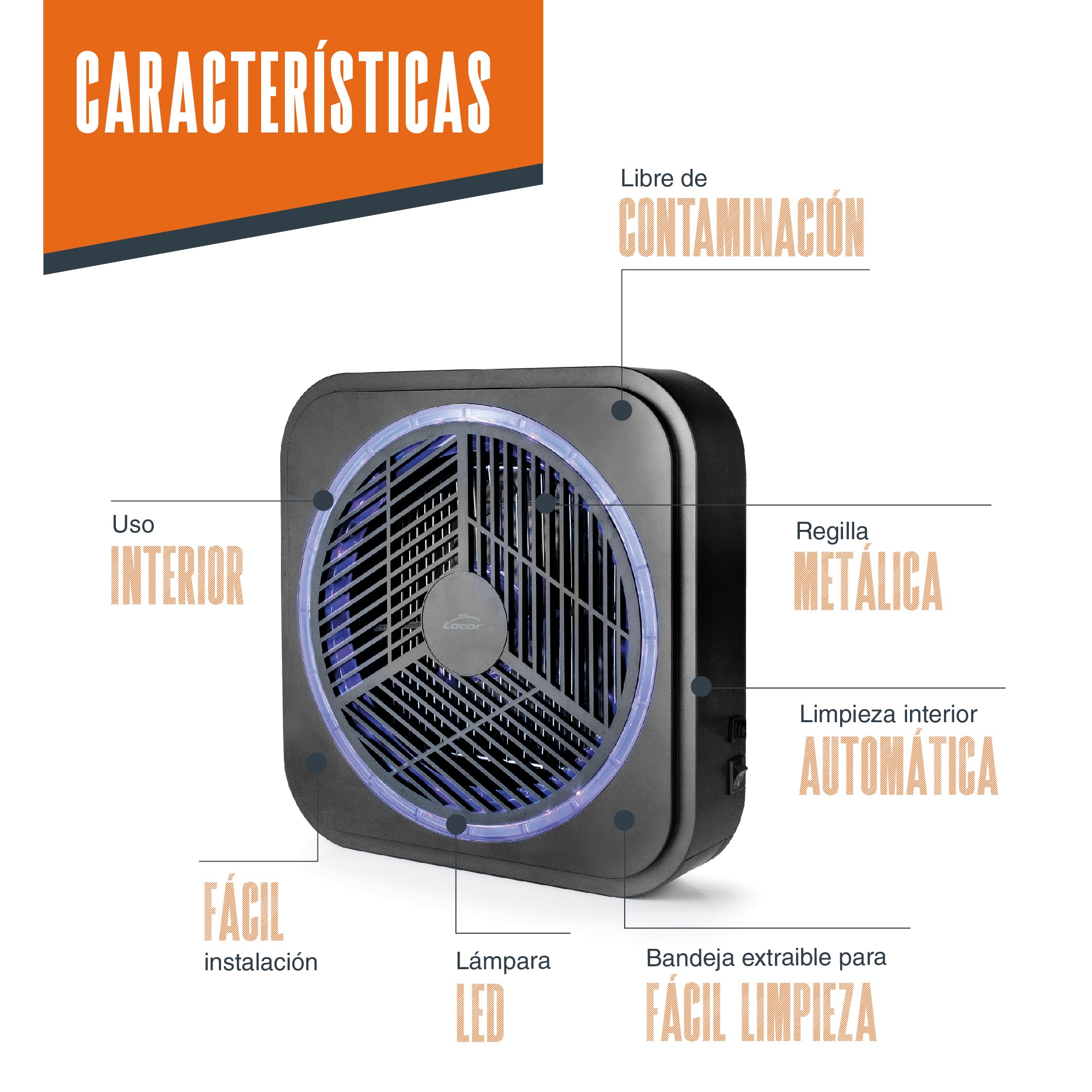 Lacor 39132 - Matamosquitos eléctrico Limpo, ABS, 12W, Lámpara LED, 100 m2 | Para un uso práctico y profesional en cocina; perfecto para el día a día en hostelería y en casa, cómodo de usar y de guardar