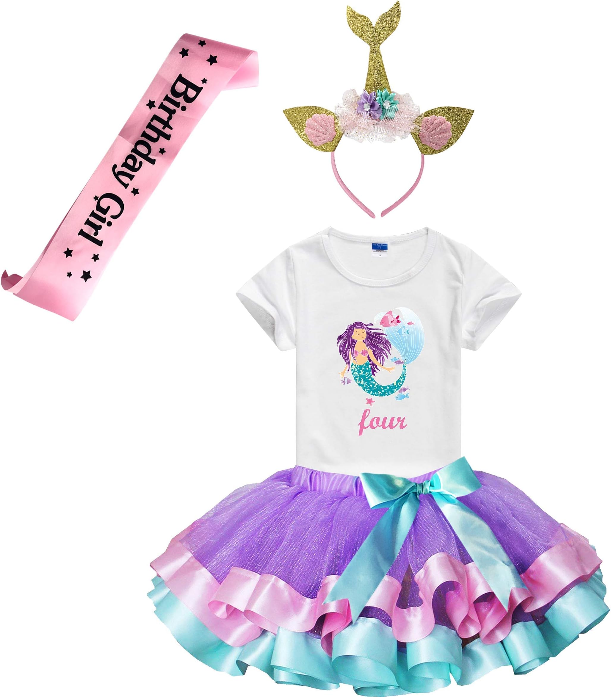YorikoGirls Lavender Tutu Dress with Mermaid Birthday Tshirt & Headband, 3-8 Years