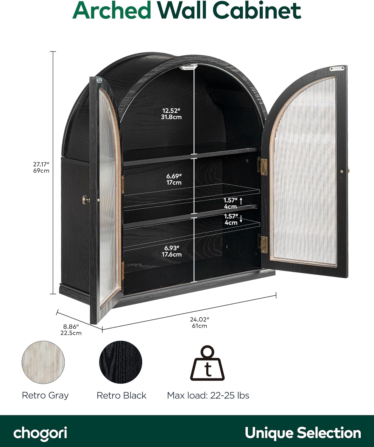 Chogori Arched Bathroom Wall Cabinet, 27x24x9 Inch Over The Toilet Storage Cabinet with Acrylic Doors & 3 Adjustable Shelves, Wall Mounted Cabinet for Bathroom, Kitchen, Laundry Room, Black